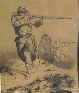 Militare con fucile con sfondo di guerra.cm.17.5 x 20.7